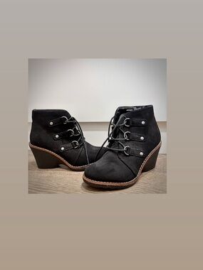 Black Suede-Look Lace-Up Wedge Ankle Booties